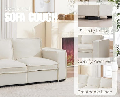 EALSON 119" Modular Sectional Sofa Modern Comfy 4-Seater Couch Sofa Linen Fabric Upholstered Cloud Couches with 24" Deep Seat and Wooden Legs for Bedroom/Living Room/Office, White