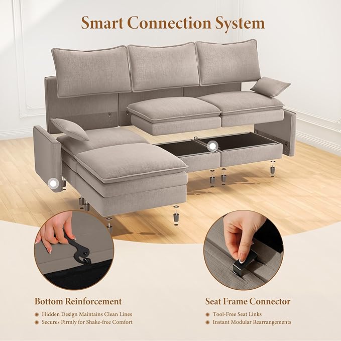 Vesgantti 142" U Shaped Sectional Couch, Comfy Cloud Modular Sectional Sofa with 2 Ottoman Deep Seat Chenille Modern Cloud Sofa, Modular Sofas for Living Room, Bedroom and Apartment, Light Brown