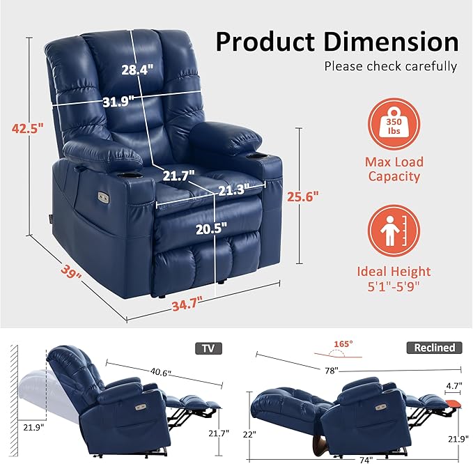MCombo Triple Motor Power Lift Recliner Chair with Massage and Dual Heating, Adjustable Headrest for Elderly People, Faux Leather 7632 (Blue, Medium)