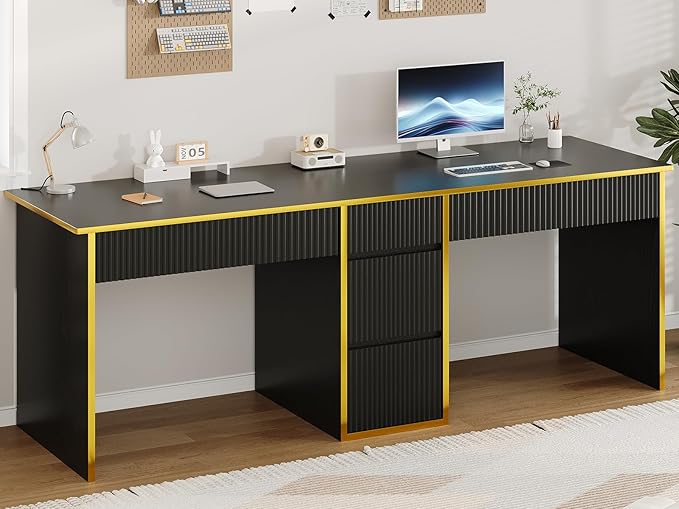 4 EVER WINNER 78.72‘’ Extra Long Black Desk with Drawers, 2 Person Desk with 5 Storage Drawers, Computer Desk with Storage Shelves,Double Desks Workstation with Shelf for Home Office, Black