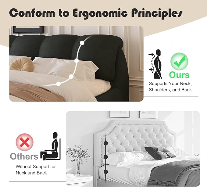 King Size Upholstered Platform Bed with Oversized Padded Backrest and Solid Wood Frame for Bedroom, Apartment Room, Black