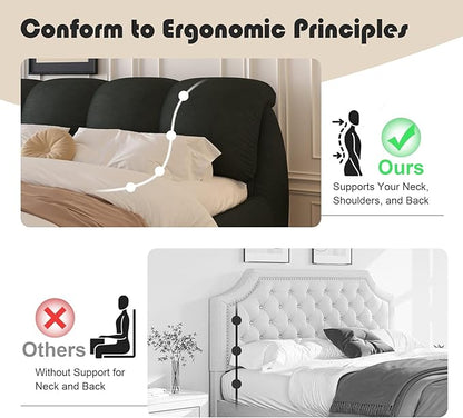 King Size Upholstered Platform Bed with Oversized Padded Backrest and Solid Wood Frame for Bedroom, Apartment Room, Black