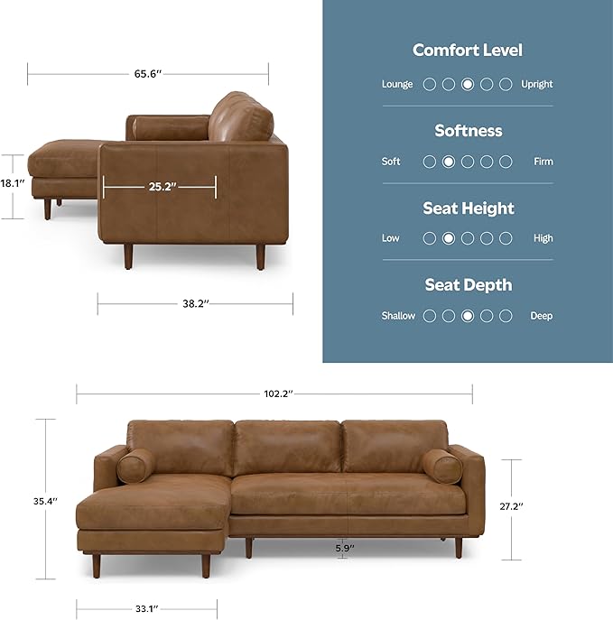 SIMPLIHOME Morrison Left Sectional Sofa in Full-Grain Genuine Leather, Caramel Brown, 102-inches Wide, L-Shaped Leather Couch with Left Chaise for The Living Room and Family Room