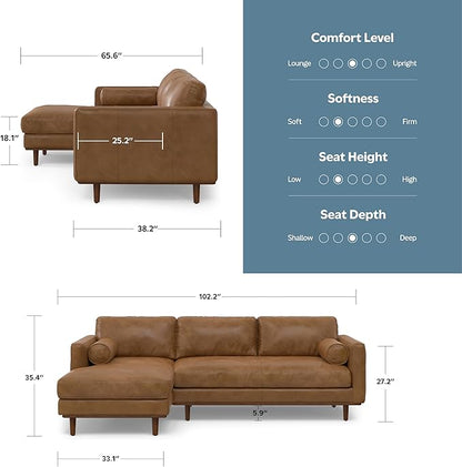 SIMPLIHOME Morrison Left Sectional Sofa in Full-Grain Genuine Leather, Caramel Brown, 102-inches Wide, L-Shaped Leather Couch with Left Chaise for The Living Room and Family Room