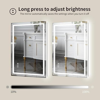 WTTY LED Bathroom Mirror with Backlit and Front Light, 27.5" X 35.4" Stepless Dimmable LED Mirror for Bathroom,Anti-Fog Lighted Bathroom Vanity Mirror Modern,Memory Function,Shatter-Proof