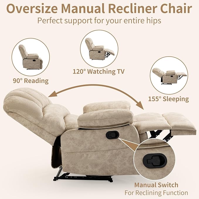 Manual Recliner Chair for Living Room, Single Sofa Recliners for Adults 350LBS, Heavy Duty Reclining Max 155 Degrees, Fabric Beige