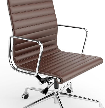 High Back Genuine Leather Ribbed Office Chair-Ergonomic Desk Chair with Aluminum Alloy Armrest & Frame, Swivel Silent Wheels & Tilt Function, Adjustable Height