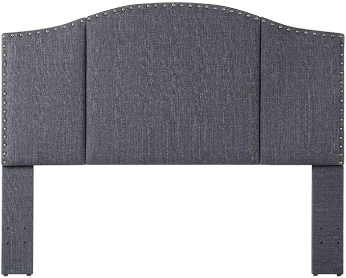 24KF Middle Century Linen Upholstered Tufted Queen Size Headboard with Antique Brass Nails Queen/Full headboard -Dark Gray