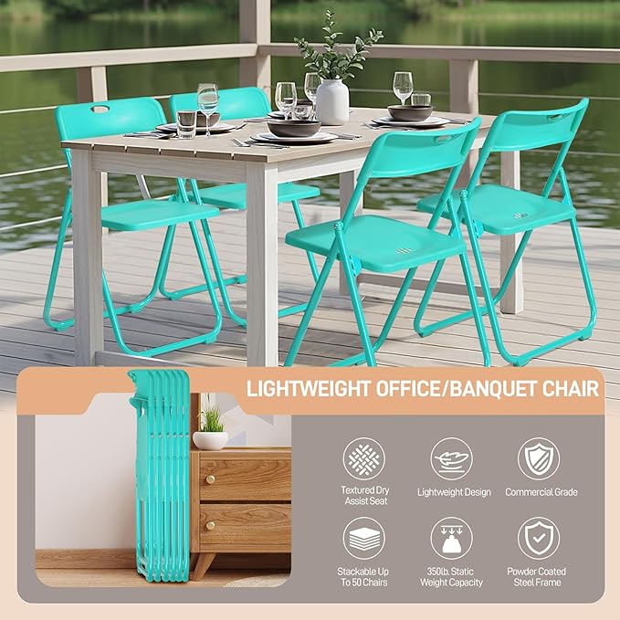 Karl home 4 Pcs Folding Chair, 300LBS Lightweight Foldable Plastic Chair, Reinforced Metal Frame Easy to Fold & Store for Indoor & Outdoor, Wedding, Party, Meeting Room, Patio and Garden, Mint Green