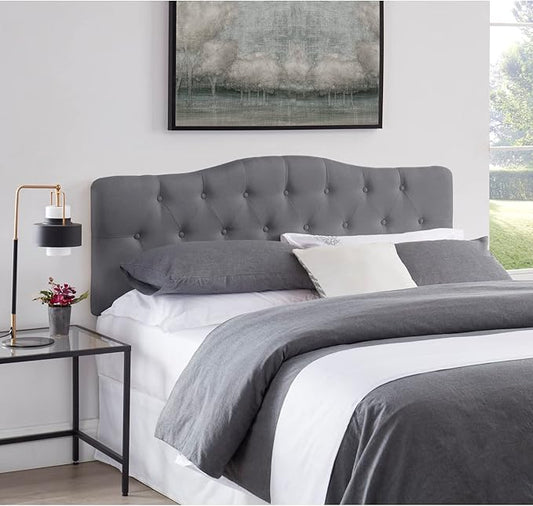 Naomi Home Cassandra Full Size Bed Headboard, Square Tufted, White Linen Fabric, Height Adjustable 42"-52", Metal Legs, Wall/Bed Mount