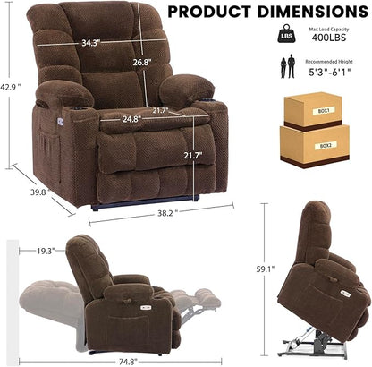 EONIX Wide Lay Flat Power Lift Recliner Chair for Elderly, Oversized Lift Chair with Heat and Massage, 400lbs Heavy Duty Electric Lift Recliner Sofa with Cup Holders and Charging Ports, Coffee