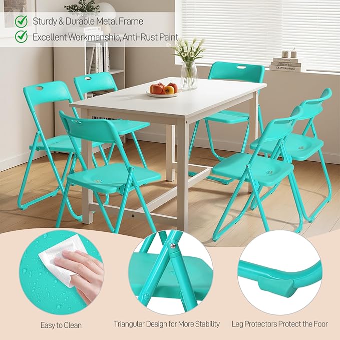 Karl home 6 Pcs Folding Chair, 300LBS Lightweight Foldable Plastic Chair, Reinforced Metal Frame Easy to Fold & Store for Indoor & Outdoor, Wedding, Party, Meeting Room, Patio and Garden, Mint Green