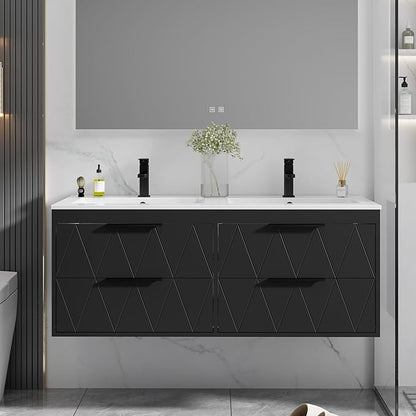eclife 48" Bathroom Vanities Cabinet with Sink Combo, Wall Mounted Floating Cabinet W/Decor Line, Soft-Close System, 4 Extra Big Drawers, Matte Black Faucet, Black