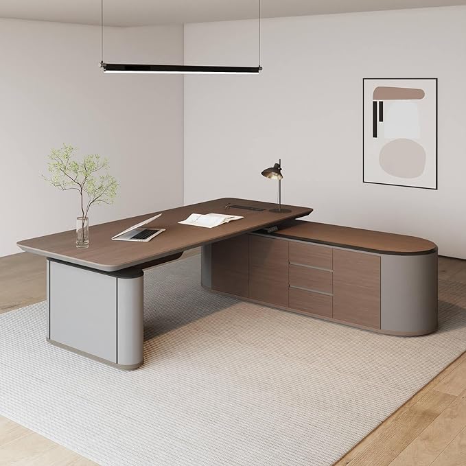 SAINTCY Large Executive Office Desk with File Cabinet, 86.6 Inch Sit & Stand L Shaped Executive Desk, Adjustable Luxury Office Desks for Boss, Business Owners, Managers and Supervisors Return Right