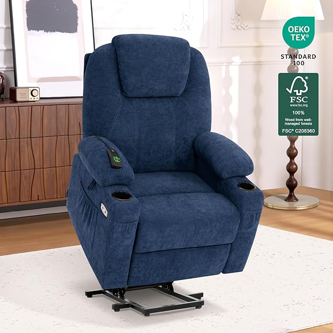 MCombo Power Lift Recliner Chair for Elderly, Lift Chair with Heat and Massage for Tall People, USB&Type C Ports, Extended Footrest, Cup Holders, Fabric 7516(Large,Admiral)