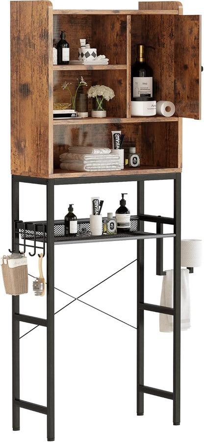 AWQM Over The Toilet Storage Cabinet, Bathroom Cabinet Organizer with Adjustable Shelf, Freestanding Space Saver Toilet Stands with Door, Paper Hook, Multifunctional Bathroom Toilet Rack, Rustic Brown