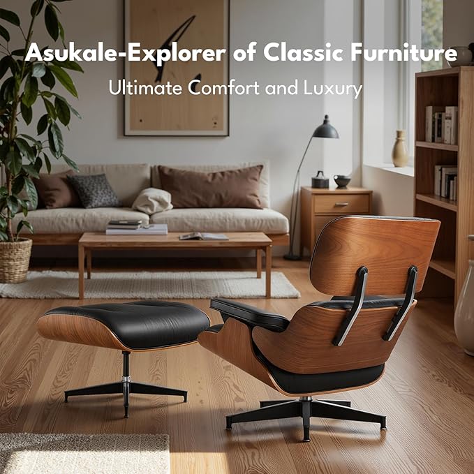 Top Black Grain Leather, Mid Century Chaise Lounge Chair and Ottoman, Leather Accent Chair, Modern Chair, Classic Design, Heavy Duty Base Support for Living Room Lounge Office, Walnut, Heightening