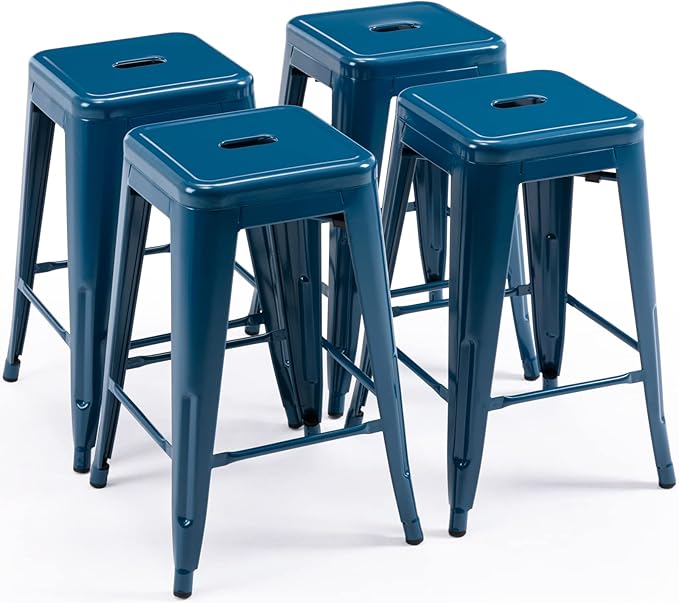 Vogue Furniture Direct 24" Bar Stools Backless Metal Barstools Indoor-Outdoor Counter Height Stools with Square Seat, Set of 4 (Deep Blue)