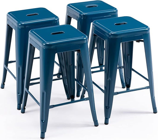 Vogue Furniture Direct 24" Bar Stools Backless Metal Barstools Indoor-Outdoor Counter Height Stools with Square Seat, Set of 4 (Deep Blue)