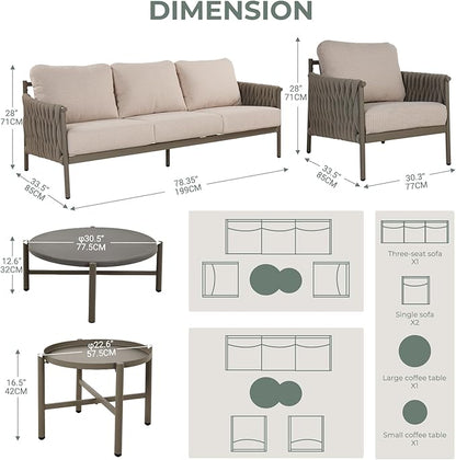 Grand patio 5-Piece Outdoor Furniture Set, Outdoor Sofa Set with 2 Round Side Tables, Modern Metal Patio Couch with 6-inch Thick Waterproof Cushions for Porch Deck Backyard