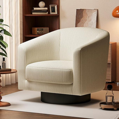 360° Swivel Accent Chairs, Modern Bucket Chair, Corduroy Barrel Armchair, Comfy Boucle Chair, Single Sofa for Living Room Bedroom. Cream White