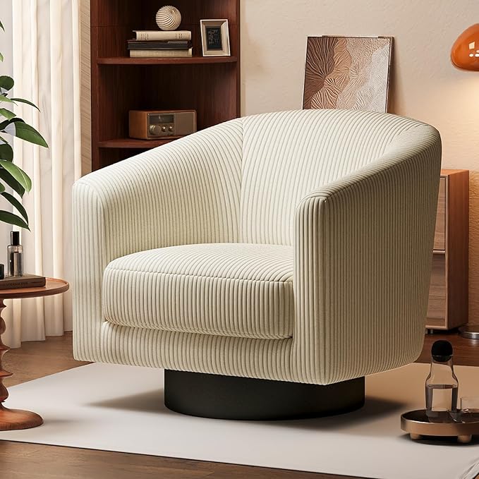 360° Swivel Accent Chairs Set of 2, Modern Bucket Chair, Corduroy Barrel Armchair, Comfy Boucle Chair, Single Sofa for Living Room Bedroom. Cream White