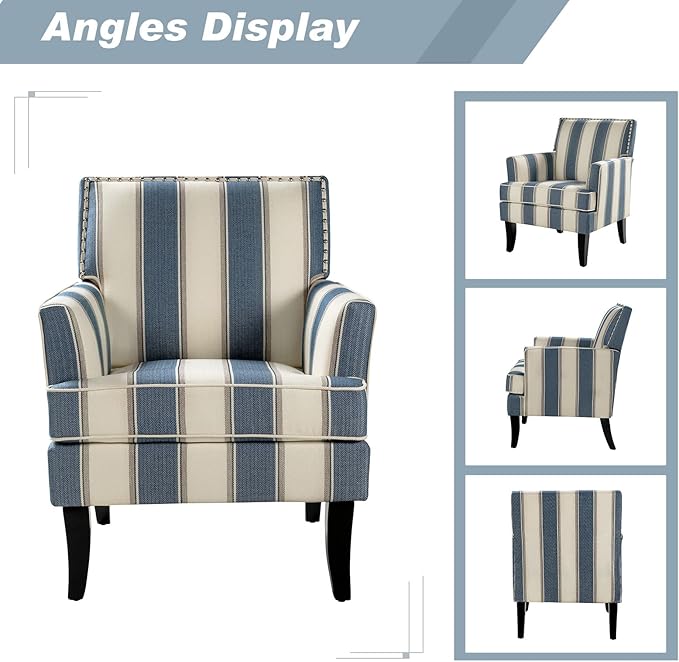 HULALA HOME Modern Accent Chair with Arms and Wooden Legs, Mid Century Accent Chair Armchair High Back Rest, Padded Armrest and Comfortable Cushioned Seat for Living Room (Stripe Blue)