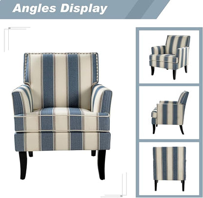 HULALA HOME Modern Accent Chair with Arms and Wooden Legs, Mid Century Accent Chair Armchair High Back Rest, Padded Armrest and Comfortable Cushioned Seat for Living Room (Stripe Blue)