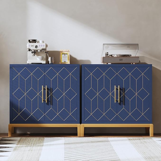 HLR Accent Cabinet with Gold Trim Set of 2,Storage Cabinet with 2 Doors,Modern Wooden Sideboard for Living Room, Kitchen, Office and Hallway(Blue)
