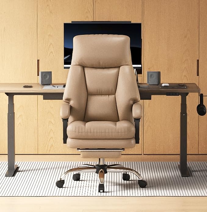 Home Office Desk Chair, 90°-160° Reclining, High Back Executive OfficeChair 400LBS with Footrest, Ergonomic Scratch-Resistant Faux Leather Computer Gaming Chair with Lumbar Support, Coffee