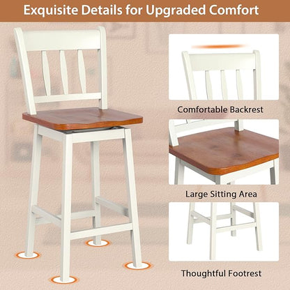 COSTWAY Bar Stools Set of 2, 24.5 Inch Rubber Wood Bar Chairs with 360°Swiveling, Footrest, Swivel Counter Height Barstools Ideal for Kitchen Island, Counter, Pub or Bar (2, White)
