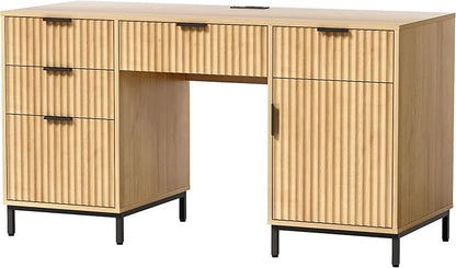 Fluted Executive Desk with File Drawer, 55" Large Computer Desk with Storage and Charging Station, Modern Wooden Home Office Desk for Workspace, Writing, Study, Nautral Oak
