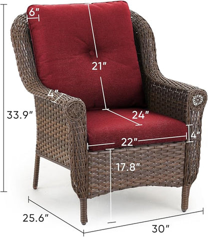Patio Wicker Chairs Outdoor Furniture Chair - Set of 2 Outside All Weather Lawn Dining Brown Rattan Armchair with High Back&Deep Seating for Deck Porch Balcony Backyard Garden - Red