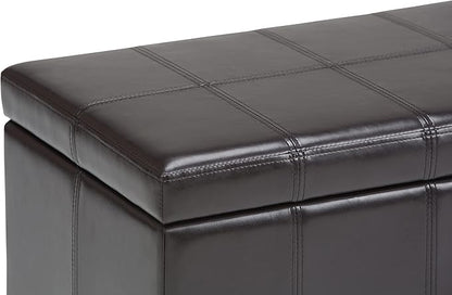 SIMPLIHOME Amelia 33 inch Wide Transitional Rectangle Storage Ottoman Bench in Tanners Brown Vegan Faux Leather, Assembled, For the Living Room, Entryway and Family Room