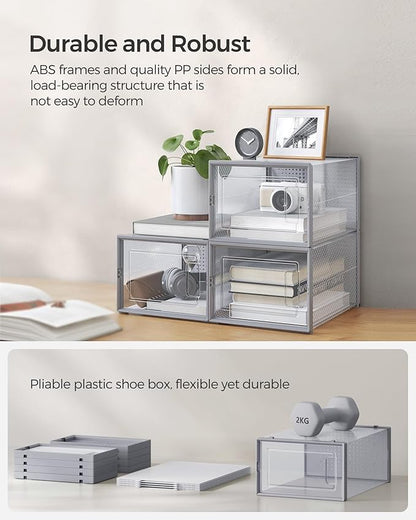 SONGMICS Shoe Boxes, Pack of 12 Shoe Storage Organizers, Stackable Clear Plastic Boxes for Closet, Sneakers, 13.1 x 9.1 x 5.6 Inches, Transparent and Gray ULSP006G12