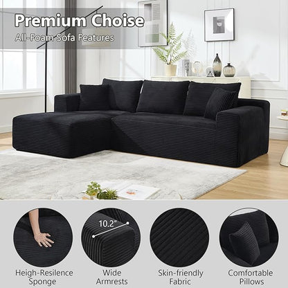 PELUMY 108.7" L-Shaped Modular Sectional Sofa with Oversized Chaise, Cloud Couch with Memory Foam, No Assembly Required Sleeper Sofa for Small Space Living Room, Apartment (Black, Corduroy)