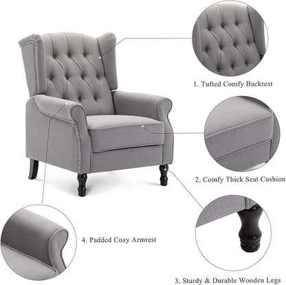 Artechworks Winged Fabric Modern Accent Chair Tufted Arm Club Chair Linen Single Sofa with Wooden Legs Comfy Upholstered for Reading Living Room Bedroom Office,Grey
