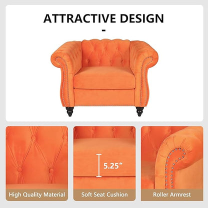 2 Piece Living Room Sofa Set, 3 Seater Velvet Sofa Couch and Chair Set, Mid Century Modern Upholstered Couch with Cushions, Comfy Tufted Chesterfield Couches for Living Room, Bedroom, Office