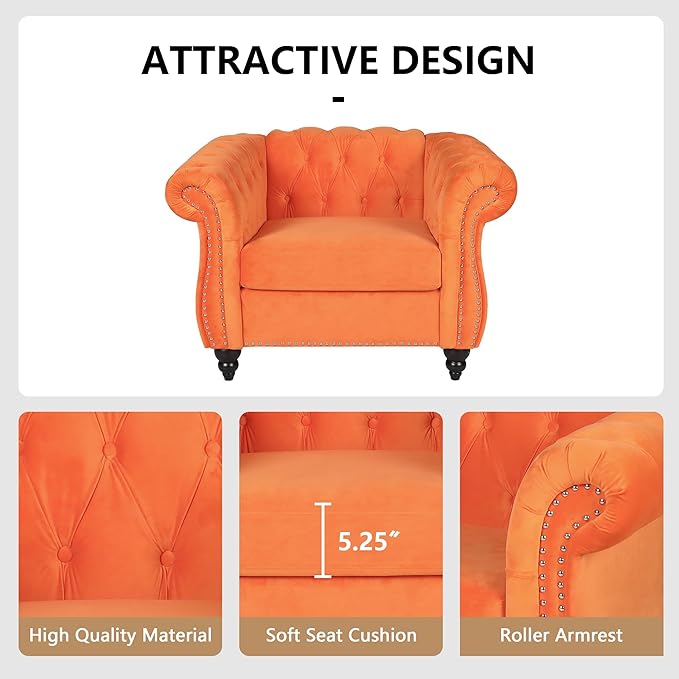2 Piece Living Room Furniture Set, Velvet Loveseat and Chair Set, Mid Century Modern Upholstered Sofa Couch with Cushions, Comfy Tufted Chesterfield Couches for Living Room, Bedroom, Office
