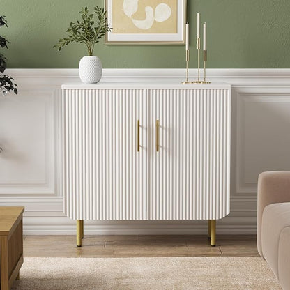 Buffet Cabinet with Storage, Sideboard with 2 Doors, Adjustable Shelf, Fluted Accent Cabinet for Living Room, Modern,White