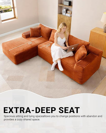 108" Cloud Sectional Couch,Modern Modular Sectional Sofa with Deep Seat,Corduroy Boneless Couches with L-Shape Chaise for Living Room,No Assembly Required (Orange, Left Facing Chaise)