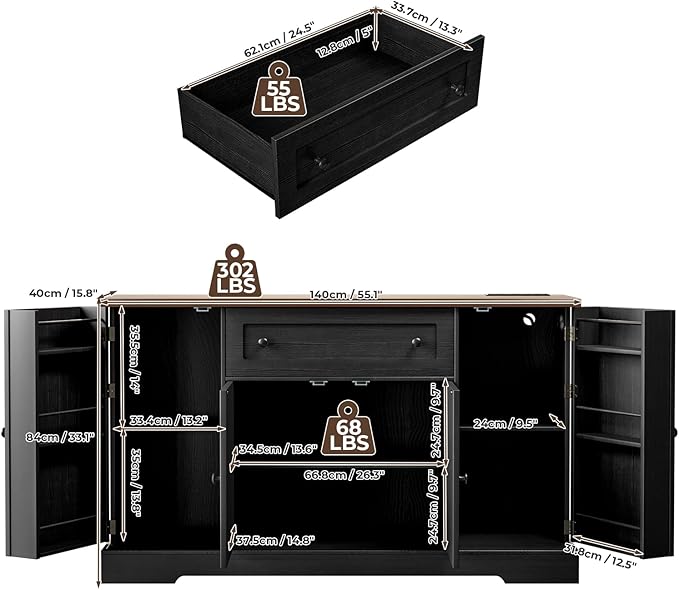 55.1" Buffet Cabinet with Storage, Charging Station, Modern Kitchen Buffet Sideboard with Drawer, Black Wood Coffee Bar with Adjustable Shelves & Spice Rack, Kitchen Storage Cabinet for Living Room
