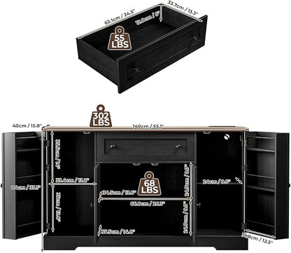 55.1" Buffet Cabinet with Storage, Charging Station, Modern Kitchen Buffet Sideboard with Drawer, Black Wood Coffee Bar with Adjustable Shelves & Spice Rack, Kitchen Storage Cabinet for Living Room