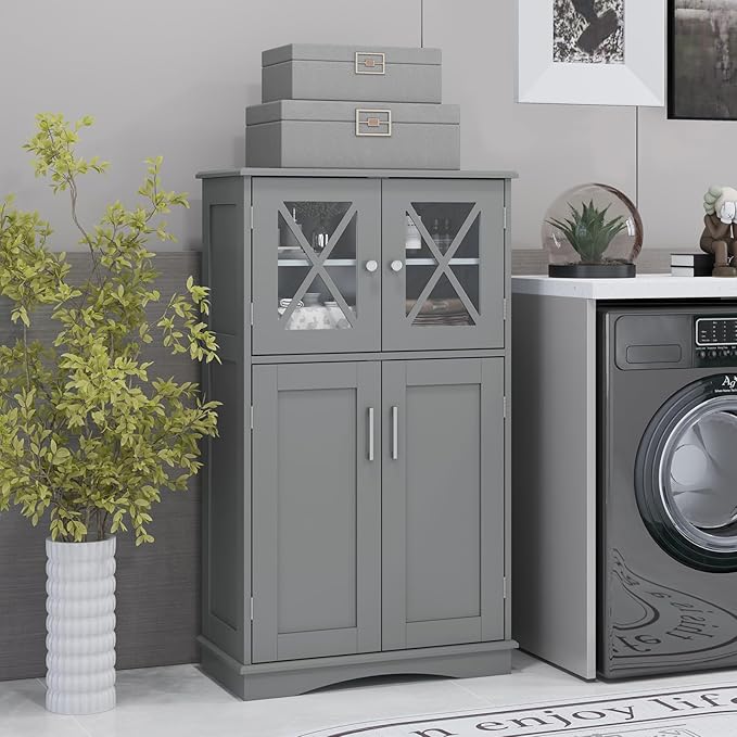 Tangkula Freestanding Floor Cabinet w/2 Glass Doors, 3-Level Adjustable Shelves, Anti-toppling Design, Kitchen Pantry Cupboard for Bathroom, Living Room (Grey)