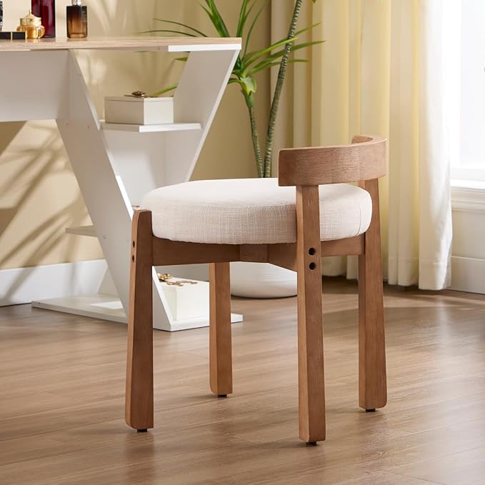 Modern Vanity Chair Upholstered Small Ottoman Footstool, Make Up Stool Linen Fabric with Backrest Wooden Frame for Living Room Bedrooms, 1PC, Beige