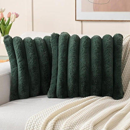 FUTEI Christmas Dark Green Decorative Throw Pillow Covers 26x26 Inch Set of 2, Square Soft Faux Rabbit Fur Thick Striped Euro Pillow Shams,Winter Home Decor for Couch Bed Living Room
