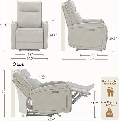 Watson & Whitely Power Recliner Chair, Zero Wall Hugger Recliners with Adjustable Headrest Type-C Charger, Faux Leather Single Sofa Chair RV Recliners for Small Space Living Room, Grey