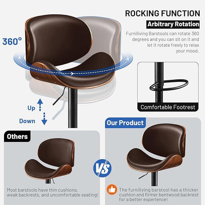 Furniliving Bar Stools Set of 4, Adjustable Height Swivel Bentwood Barstools, Upholstered Bar Chairs with Footrest, Ergonomic Modern Bar Stools for Dining Room, Kitchen, Bar, Brown, PU