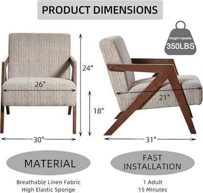 INZOY Accent Chairs Set of 2, Mid Century Modern Accent Chair with Wood Frame, Upholstered Reading Armchair with Soft Linen Fabric, Accent Chair for Living Room Bedroom Apartment, Easy Assembly, Brown
