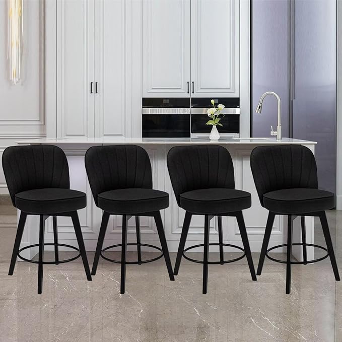 MINCETA Bar Stools Set of 4, 26 Inch Upholstered Barstools with Backrest and Footrest, Swivel Counter Height Barstools for Kitchen Island Home Bar Black